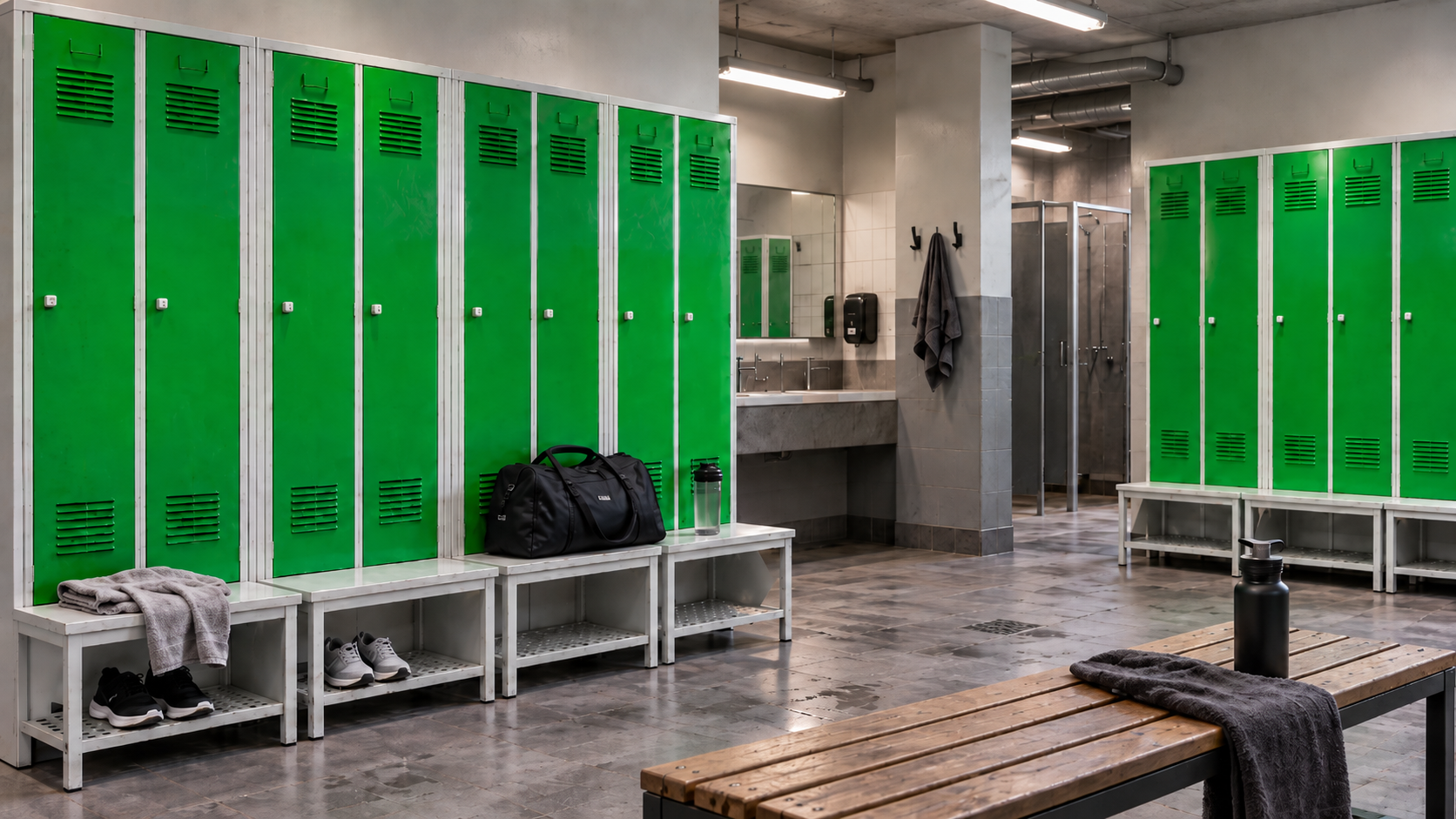Šatňa fitness centra so zelenými kovovými skrinkami a lavicami