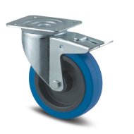 Otočné priemyselné koleso modré s ø 125 mm s totálnym zaistením a uchytením doštičkou