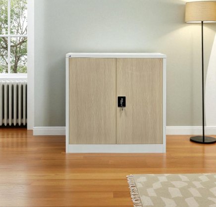 Plechová policová skriňa s otváraním dverí 110° C01B biela/imitácia svetlé drevo - 3