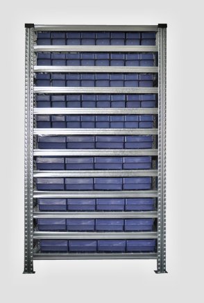 Regál s prepravkami 100 x 230 mm - 24 ks, 100 x 115 mm - 40 ks (4 modely)