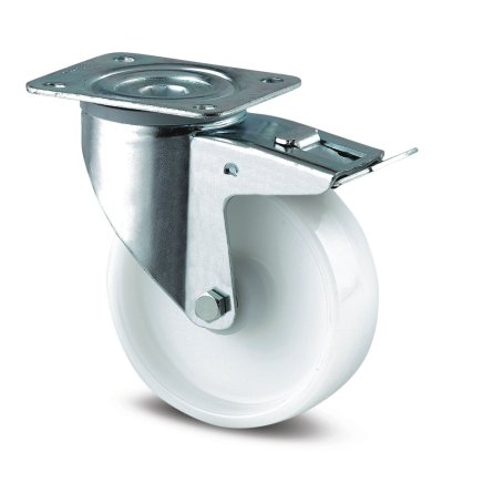 Otočné priemyselné koleso biele s ø 125 mm s totálnym zaistením a uchytením doštičkou